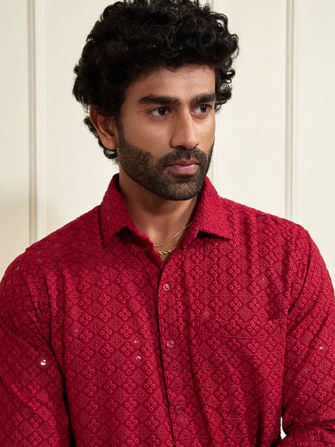 Men's Maroon Rayon Embellished Shirt